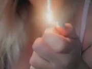 Hot blonde in lingerie smoking a ciggie w red lips 3/16