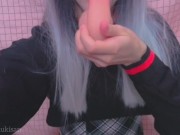 Pov Your goth classmate sucks your little dick like lollipop amateur girl blowjob cum mouth swallow 1/16