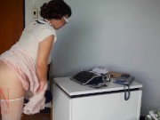 Naked secretary at office. Undressing employee. 9/16