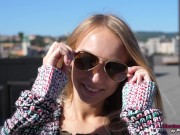 Sexy blonde Glamour girl shows her bald pussy on vacation 4K 9/16