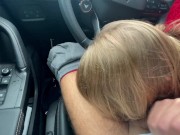 Sloppy handjob and balls licking in car at supermarket parking lot with huge cumshot - Public 11/16