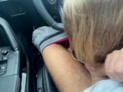 Sloppy handjob and balls licking in car at supermarket parking lot with huge cumshot - Public 12/16