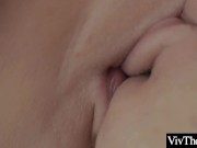 Beautiful Brunettes kiss passionately before one eats the others shaved pussy 4/16