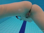 Red swimsuit beauty Katy with bushy pussy underwater 10/16