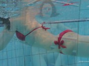 Red swimsuit beauty Katy with bushy pussy underwater 8/16