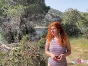 Redhead naked babe seduces a naked dude outdoor and fucks him for our cameras! 1/16