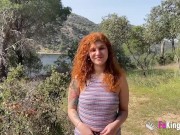 Redhead naked babe seduces a naked dude outdoor and fucks him for our cameras! 3/16