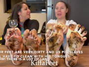 Goddess Kiffa and Goddess Grazi Dirty feet 6 Slave has to clean 2 pairs of dirty feet and got slappe 4/16