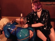 Positive FemDom Lesbian Rope Bondage Process, MILF Arya Grander in latex rubber with gag 3/16