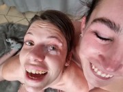 Getting a cumshot in my eye just for a chubby slut to lick out | FFM threesome | double handjob 11/16