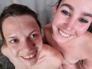 Getting a cumshot in my eye just for a chubby slut to lick out | FFM threesome | double handjob 16/16
