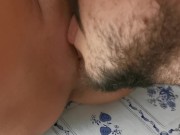 Cuckold clean girlfriend pussy after sex with stranger on the beach. Creampie 10/16