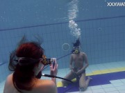 Nude swimming pool casting of Adeline Gauthier with a lesbian 16/16