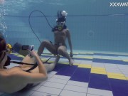 Nude swimming pool casting of Adeline Gauthier with a lesbian