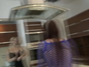 The dominant girls Amber, Clarissa and Mira let their 24/7 slave Smirni dance to clean after their party. 14/16