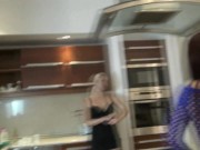 The dominant girls Amber, Clarissa and Mira let their 24/7 slave Smirni dance to clean after their party. 16/16