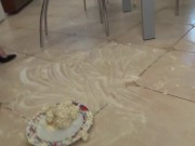 The dominant girls Amber, Clarissa and Mira let their 24/7 slave Smirni dance to clean after their party. 2/16