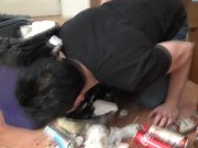 The 3 dominant girls Clarissa, Amber and Mira humiliate their slave to a garbage boy. 16/16