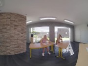 Two Horny Blondes Shares Strong Teacher's Rod At Classroom VR Porn 2/16