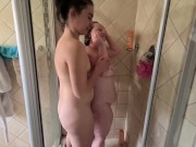 TEEN and BBW lesbians washing each other in the shower | tongue kissing and pussy rubbing 2/16