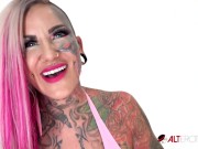 Big titty inked up hottie rides a big vibrating toy 9/16