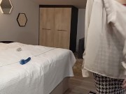 Hot petite brunette chick undresses for you, showing her hot ass and rides a blue dildo 1/16