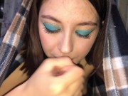 Close Up POV Blowjob & Cum in mouth & Sucks dick under the covers 9/16