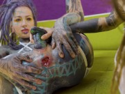 Tattooed girls lesbian play with big toys, lesbian, double penetration, ANAL gape, crazy toys, goth, punk, alternative 3/16