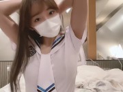 ハメ撮り♡巨乳彼女に白セーラー服を着させてみたら凄かった..♡素人カップル/美女/スタイル抜群/パイパン/スマホ撮影/リアル/主観映像/ハメ撮り very Cute Girl in lovehotel 2/16