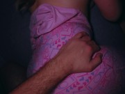 Wife tempts with her boobs. Sex in pink pajamas. Big cum on tits. 13/16