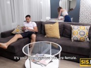 SISPORN. Lucky boy has his erect joystick worshipped by aroused stepsis 2/16