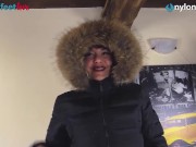 Woman in pantyhose takes off Uggs boots 14/16