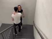 Public stairwell fuck in yoga pants with 2 guys ending in double facial / Amateur hotwife 1/16