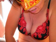 MILF in lingerie sits on a huge dildo in her pierced pussy gives a blowjob and gets a huge facial 13/16