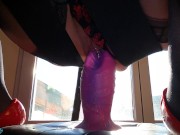 MILF in lingerie sits on a huge dildo in her pierced pussy gives a blowjob and gets a huge facial 3/16