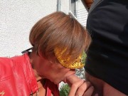 My stepsister in leather & stockings masturbates her pussy while sucking my cock & receives a facial 8/16