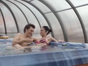 OLD4K. Girl with black hair looks fragile when old cock enters her 2/16