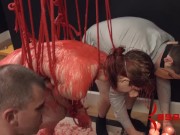 Cum hungry waxed and flogged BDSM anal teen getting ass fucked while dom drips 7/16
