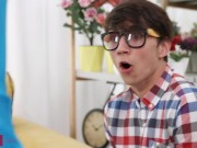 Naughty cheerleaders tempt nerdy friend into hot group sex 1/16