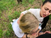 Two Girlfriends Suck Cock in the Woods - Threesome Outdoor Blowjob - Public POV 14/16