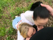 Two Girlfriends Suck Cock in the Woods - Threesome Outdoor Blowjob - Public POV 16/16