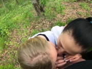 Two Girlfriends Suck Cock in the Woods - Threesome Outdoor Blowjob - Public POV 3/16