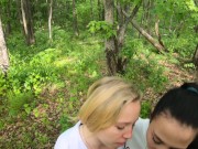 Two Girlfriends Suck Cock in the Woods - Threesome Outdoor Blowjob - Public POV 5/16