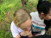 Two Girlfriends Suck Cock in the Woods - Threesome Outdoor Blowjob - Public POV 6/16