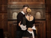 Master Gets Sensual BJ and Maid's Cathy Heaven Shaved Pussy to Fuck Hard with His Massive Dick 1/16