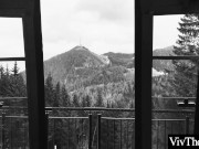 Sexy brunette pleasures her lesbian lover by licking her shaved pussy 2/16