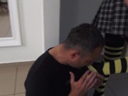 Slave Smirni has to smell the sweaty nylon feet directly from the socks of his mistress. 6/16