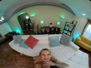 Tattooed blonde with huge tits washes your bike then rides your cock in VR 15/16