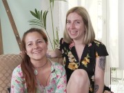 Ersties: Cute Lesbian Babes Ride a Double Dong Together 8/16