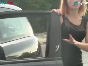 Redhead car stockings upskirt in public 2/16